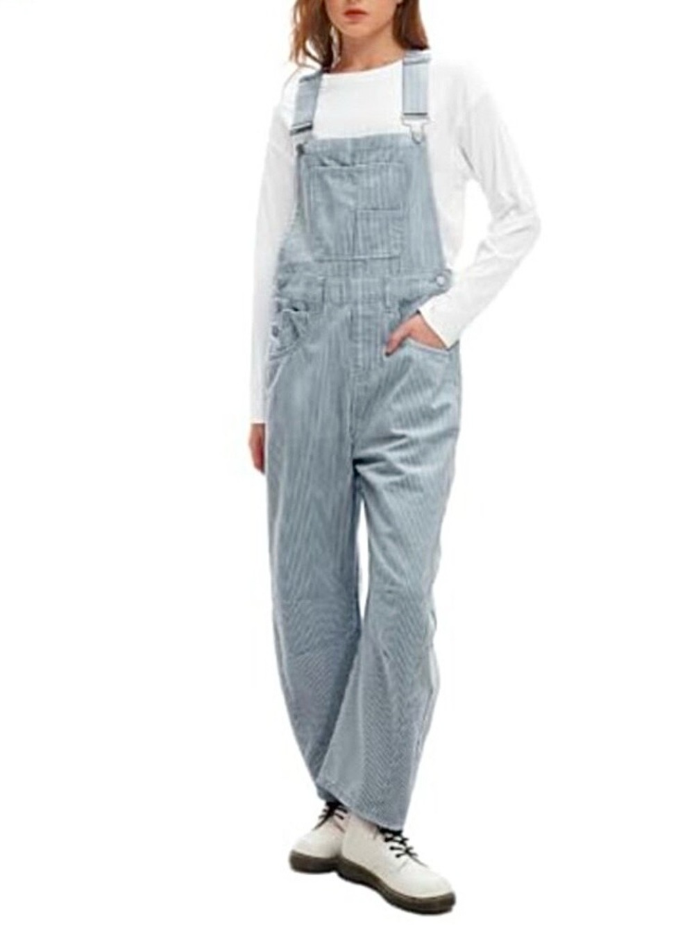 Light Blue Women's Denim Striped  Overalls Barrel Leg Relaxed Fit